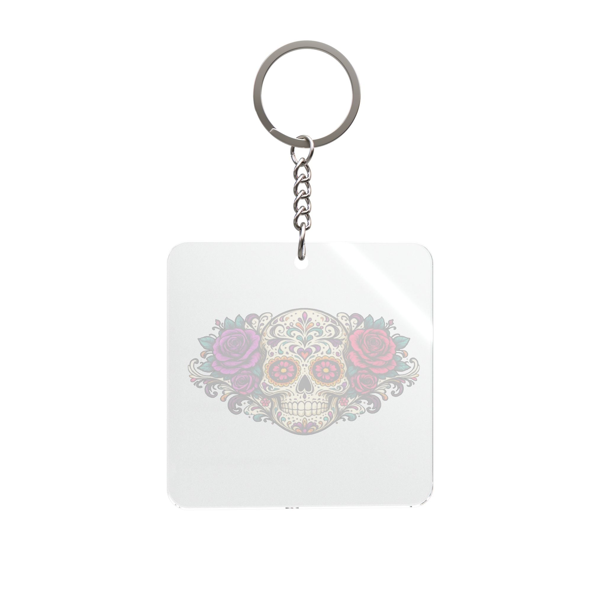 Day of the Dead Sugar Skull Square Keychain — Floral Calavera Keyring