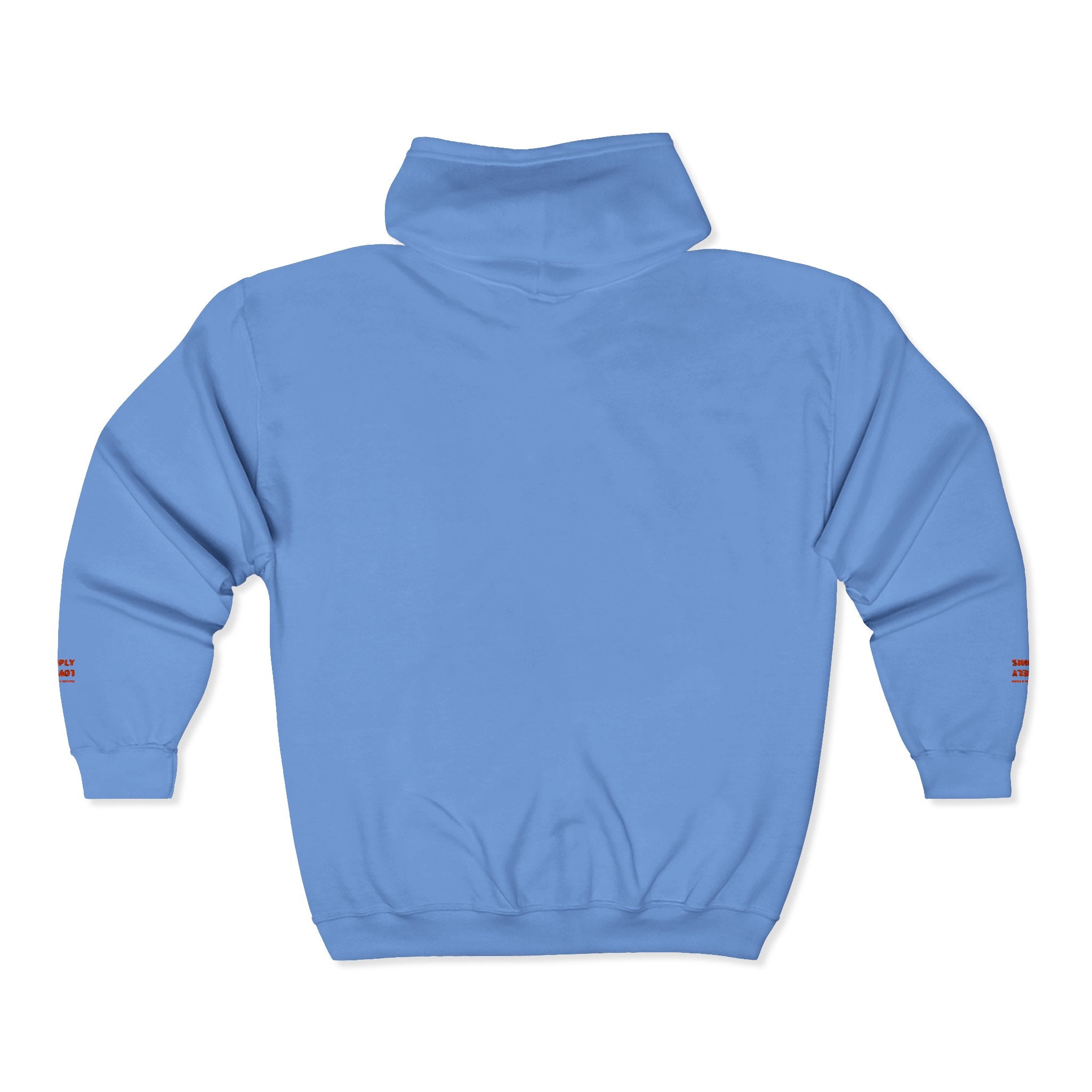 "Simply Lovely"  Zip Hoodie — Small Red Script Chest & Sleeve Design