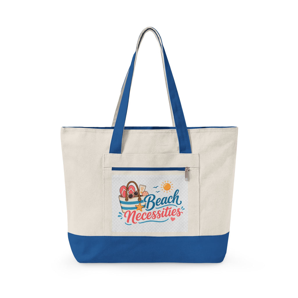 "Beach Bag / Beach Necessities" Zippered Canvas Tote, Summer Beach Tote Bag