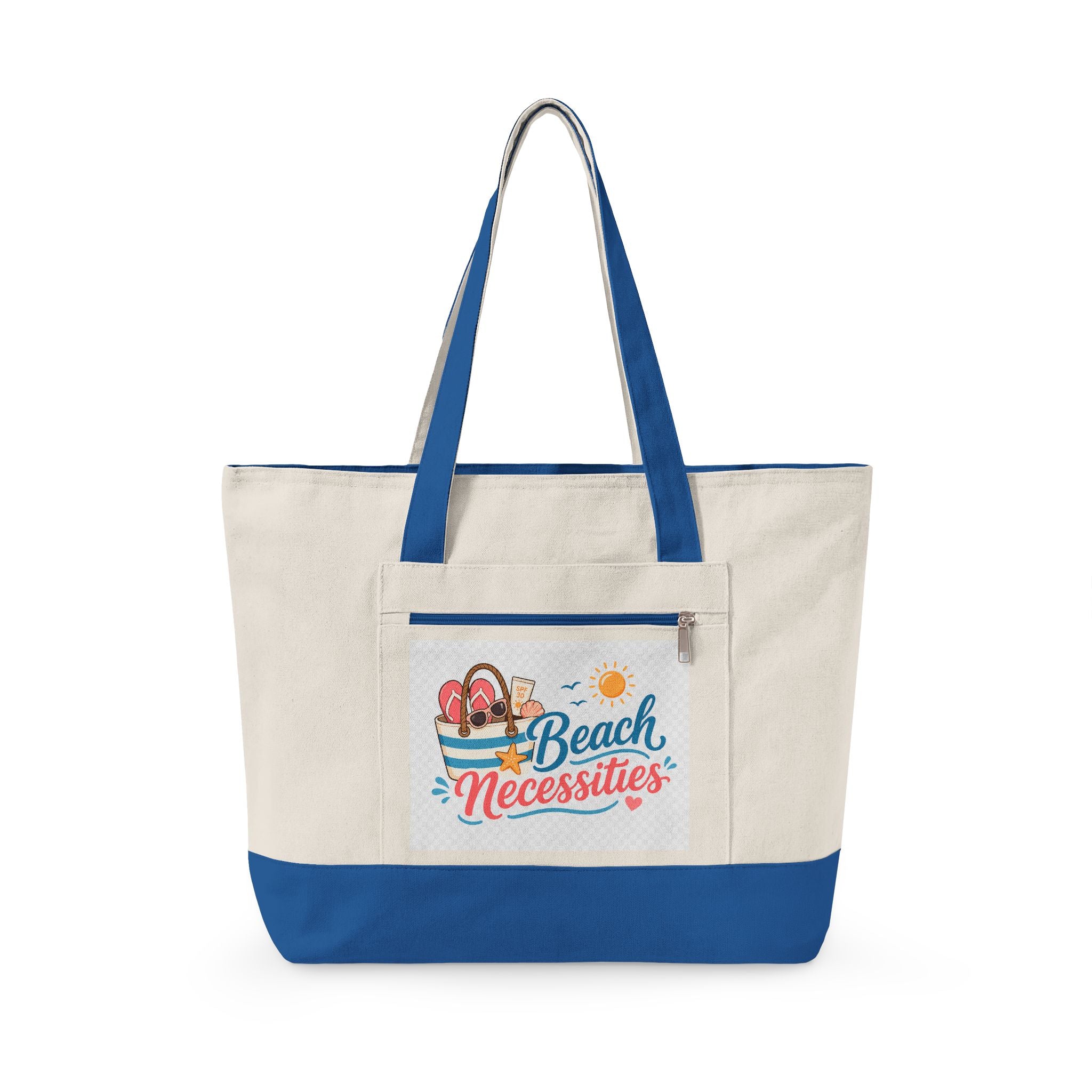 "Beach Bag / Beach Necessities" Zippered Canvas Tote, Summer Beach Tote Bag