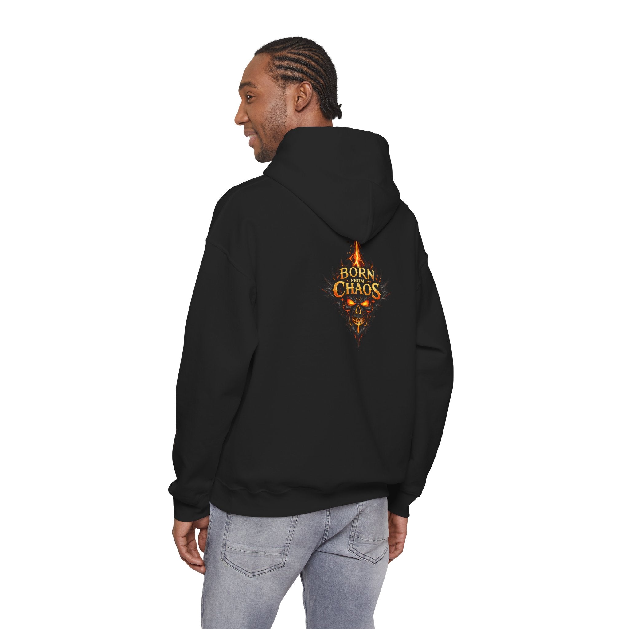 Born From ChaosFlaming Skull Hoodie — Gothic Flame Graphic Pullover