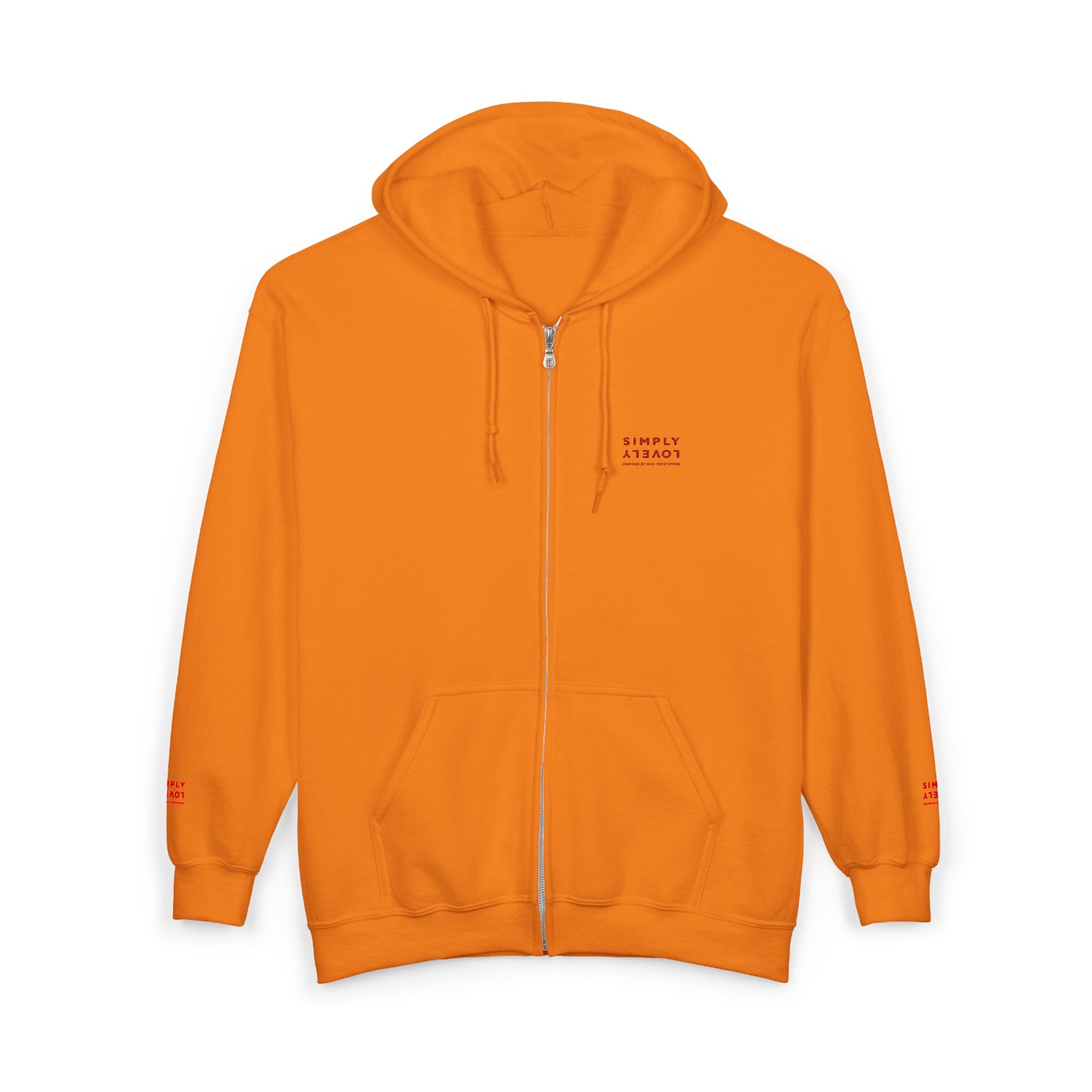 "Simply Lovely"  Zip Hoodie — Small Red Script Chest & Sleeve Design
