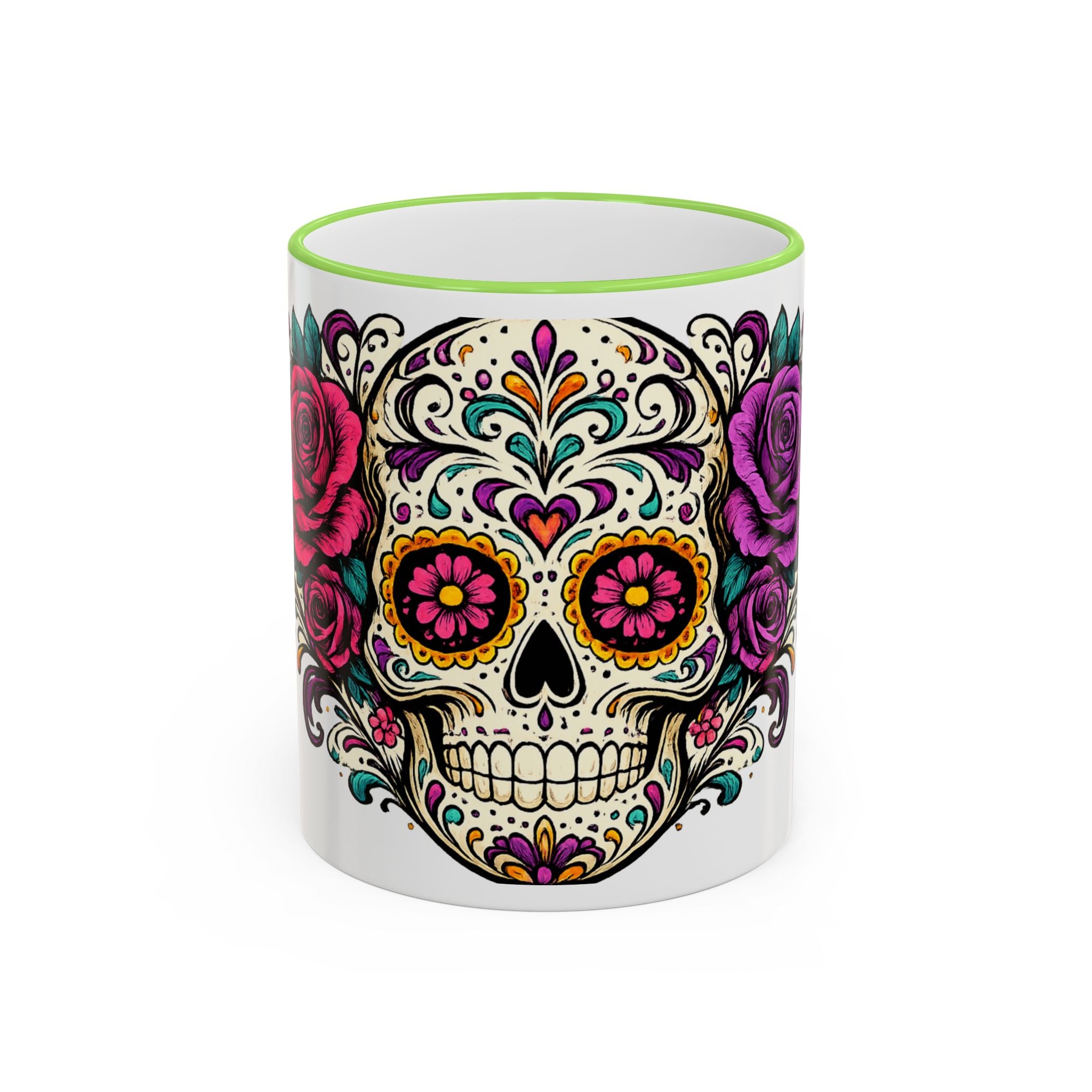 Day of the Dead Sugar Skull Accent Rim Mug — Floral Skull Ceramic Coffee Cup (11oz/15oz)