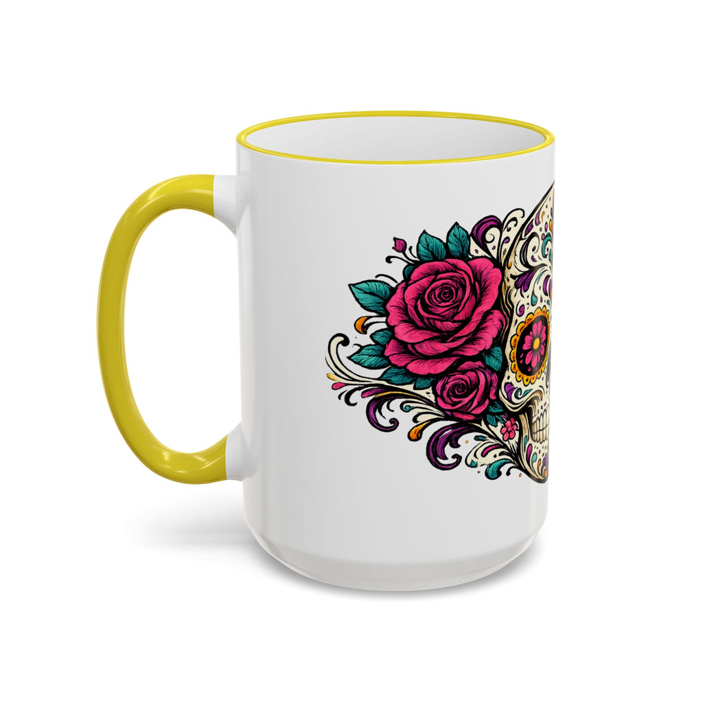 Day of the Dead Sugar Skull Accent Rim Mug — Floral Skull Ceramic Coffee Cup (11oz/15oz)