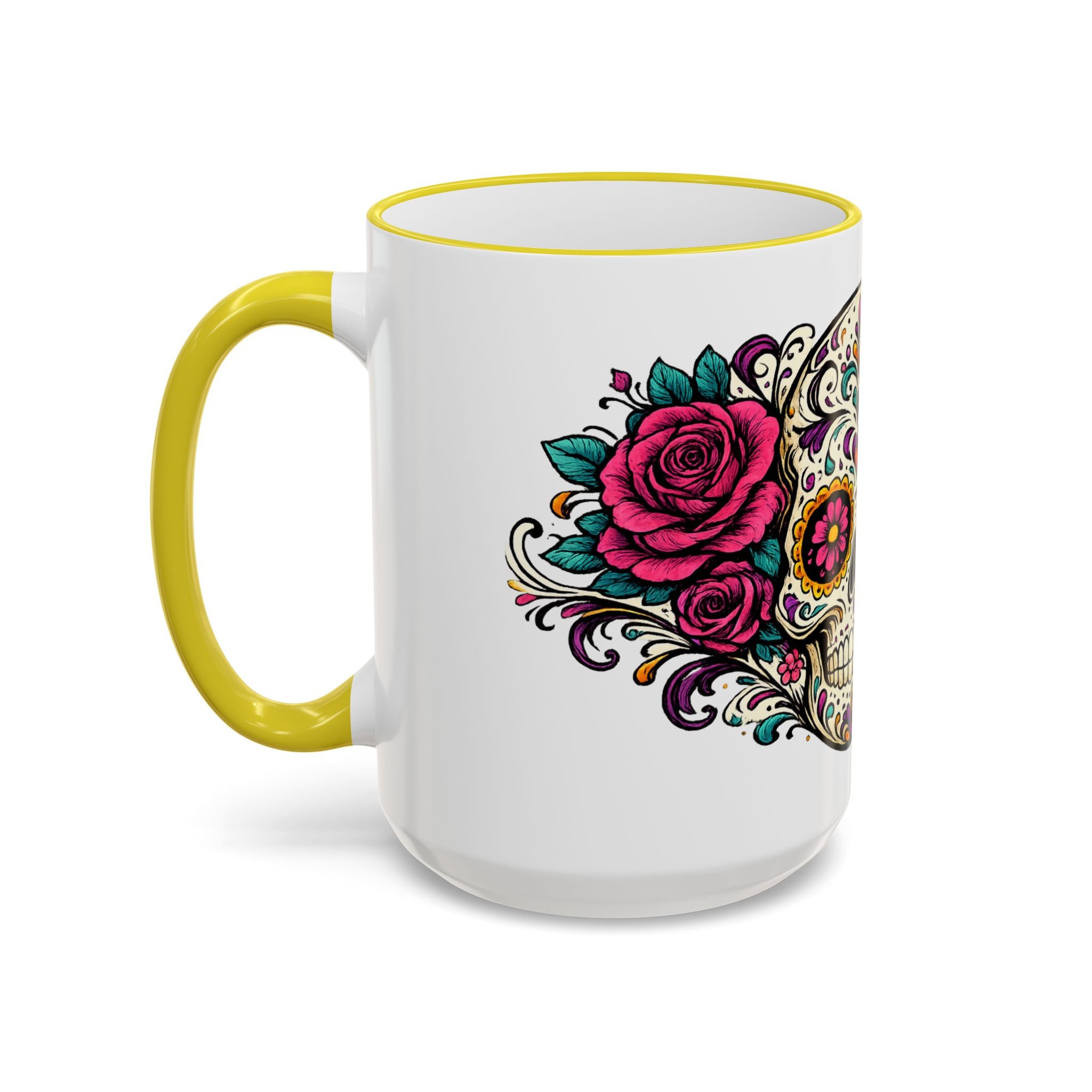 Day of the Dead Sugar Skull Accent Rim Mug — Floral Skull Ceramic Coffee Cup (11oz/15oz)