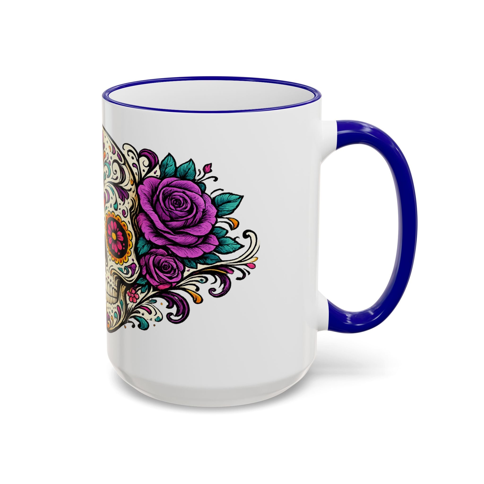 Day of the Dead Sugar Skull Accent Rim Mug — Floral Skull Ceramic Coffee Cup (11oz/15oz)