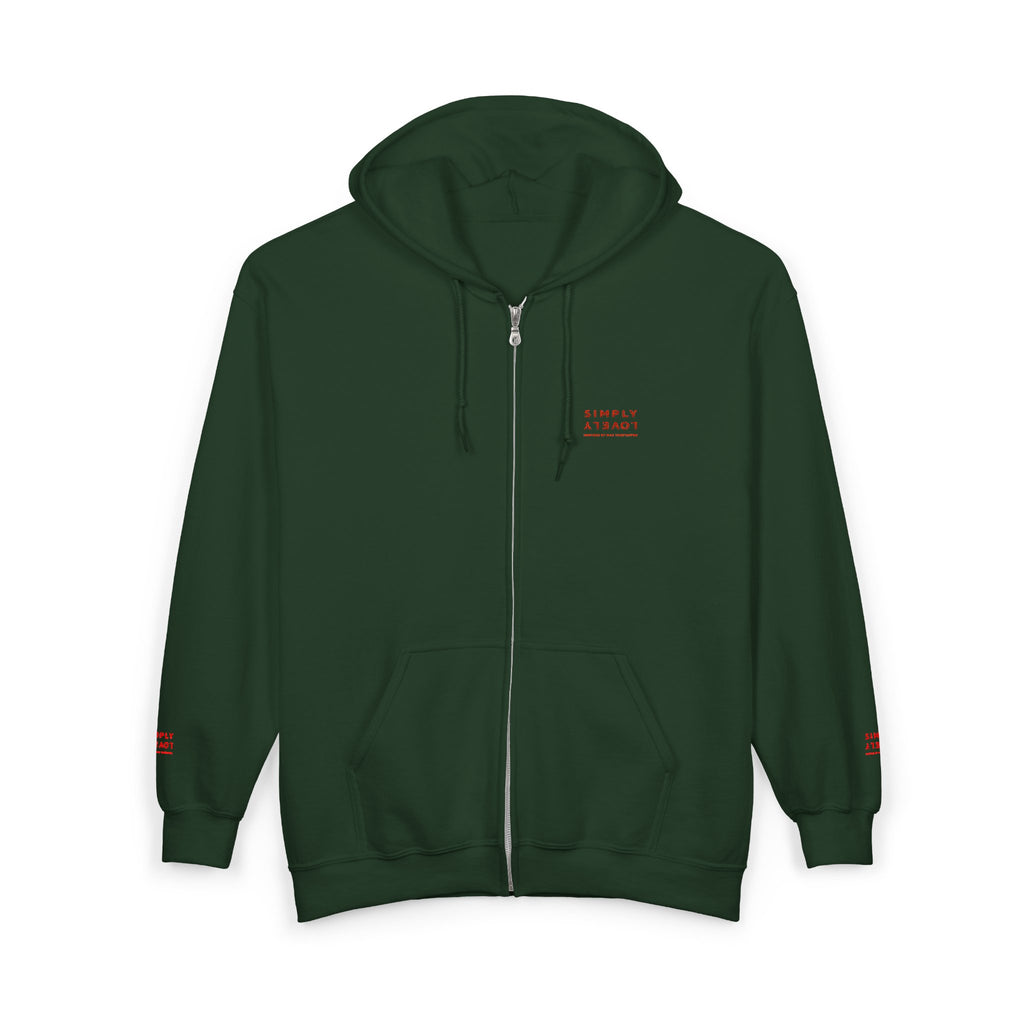 "Simply Lovely"  Zip Hoodie — Small Red Script Chest & Sleeve Design