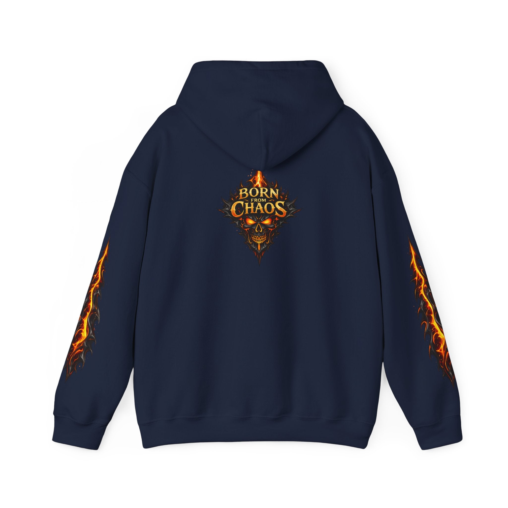 Born From ChaosFlaming Skull Hoodie — Gothic Flame Graphic Pullover