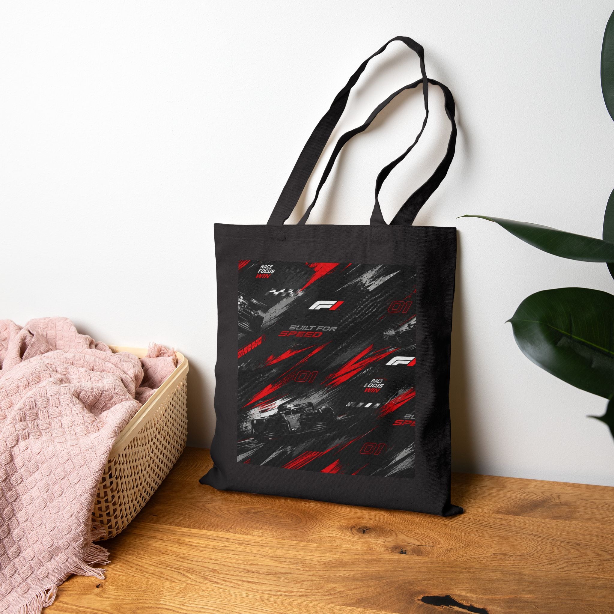 Racing Graphic Tote Bag — Red & Black Motorsport Canvas Tote