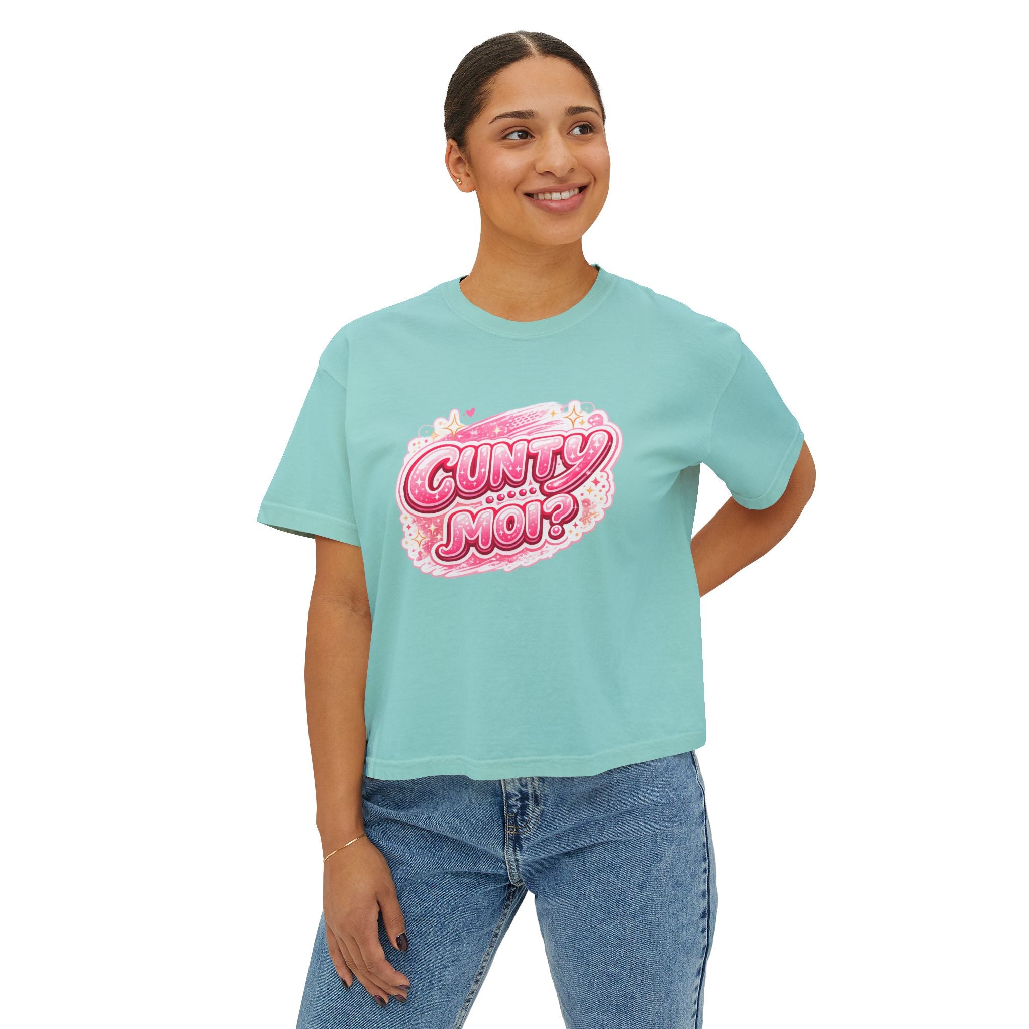CUNTY....MOI?' Pink Retro Graphic Crop T-Shirt