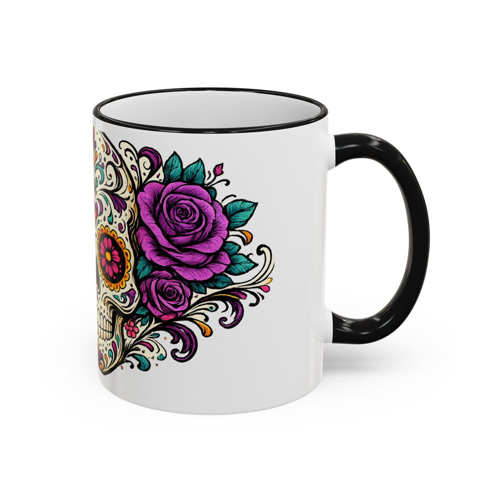 Day of the Dead Sugar Skull Accent Rim Mug — Floral Skull Ceramic Coffee Cup (11oz/15oz)