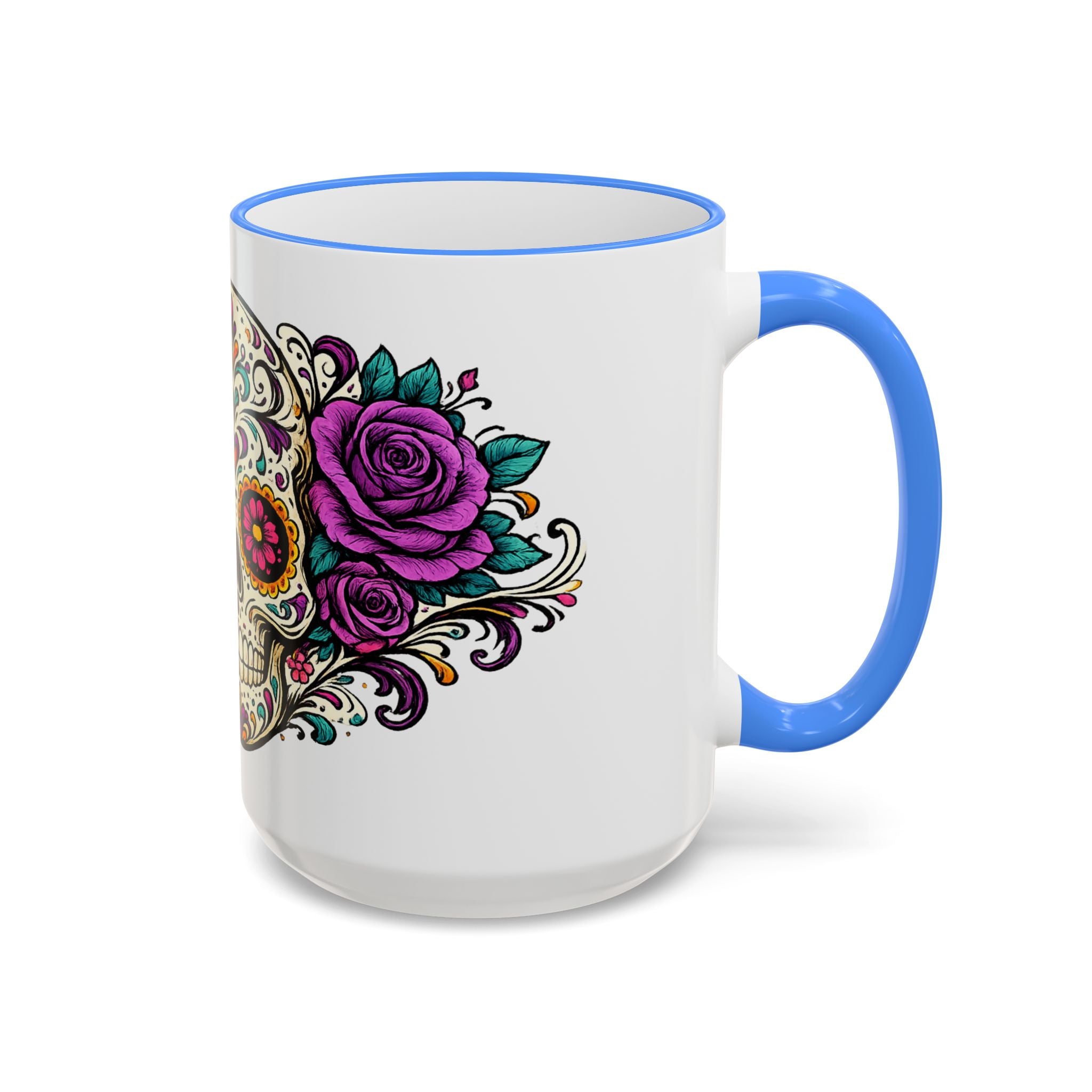 Day of the Dead Sugar Skull Accent Rim Mug — Floral Skull Ceramic Coffee Cup (11oz/15oz)