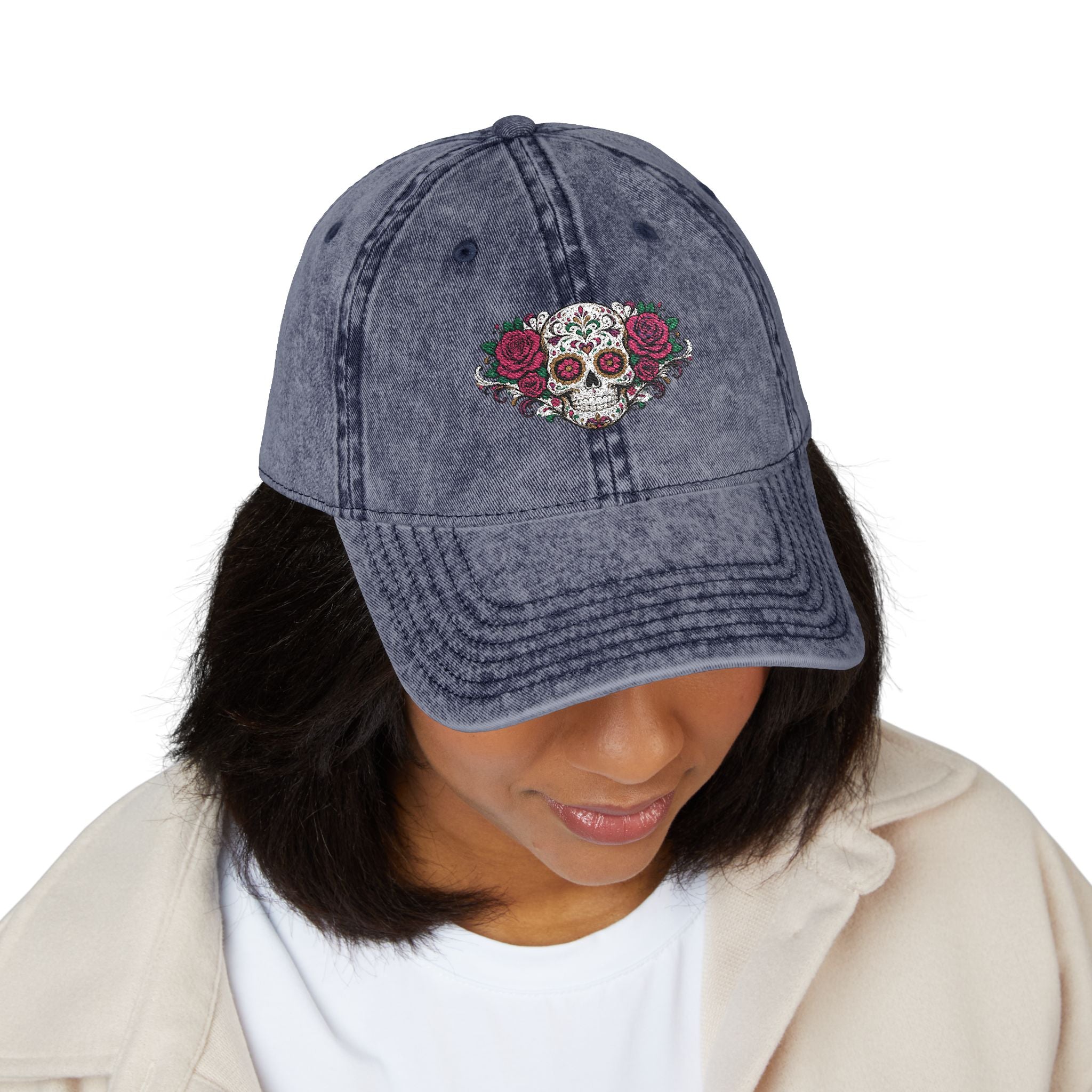 Embroidered Floral Sugar Skull Vintage Cap Personalize it