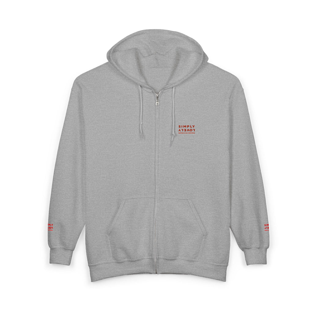 "Simply Lovely"  Zip Hoodie — Small Red Script Chest & Sleeve Design