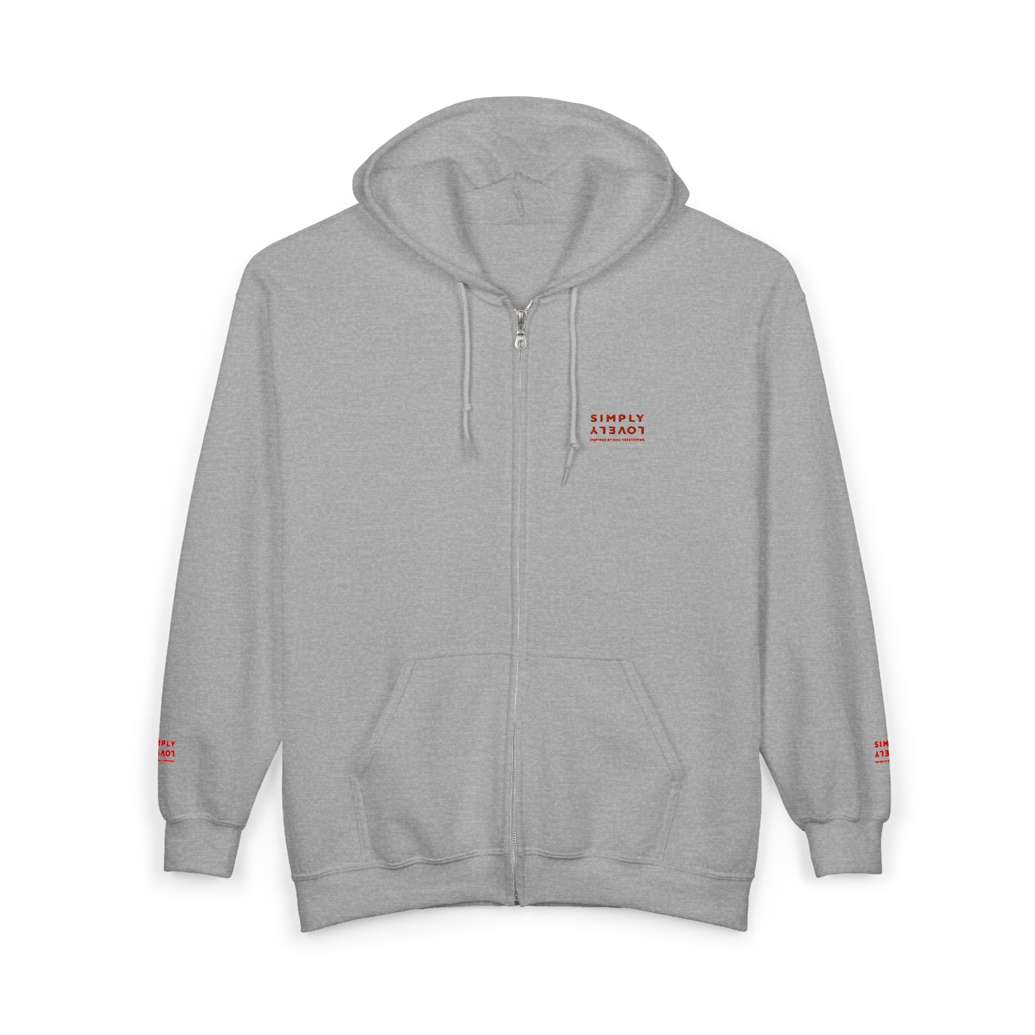 "Simply Lovely"  Zip Hoodie — Small Red Script Chest & Sleeve Design