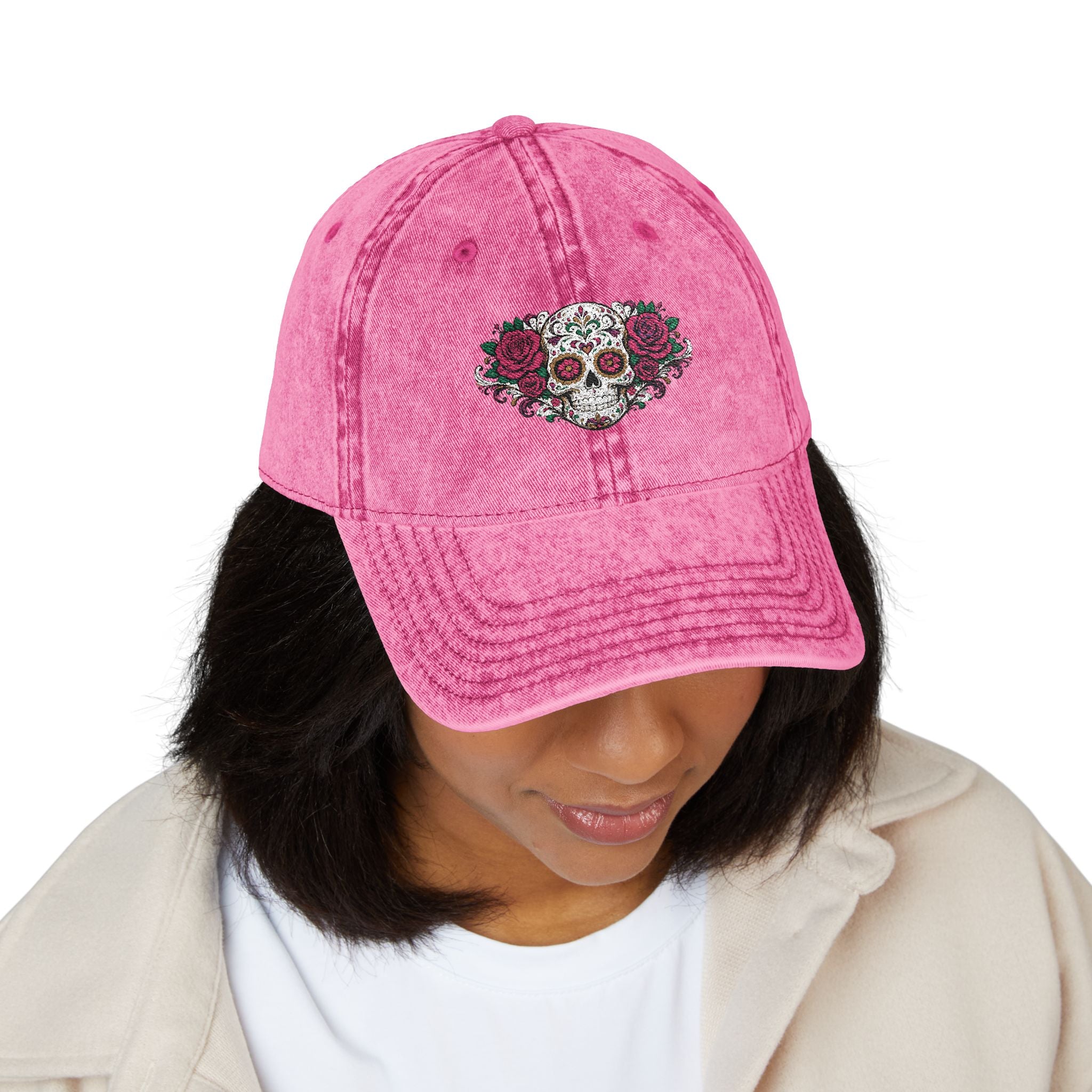Embroidered Floral Sugar Skull Vintage Cap Personalize it