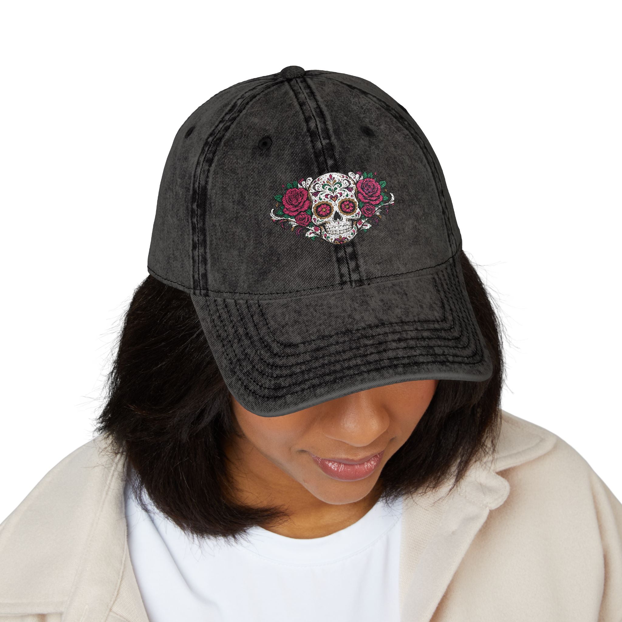 Embroidered Floral Sugar Skull Vintage Cap Personalize it