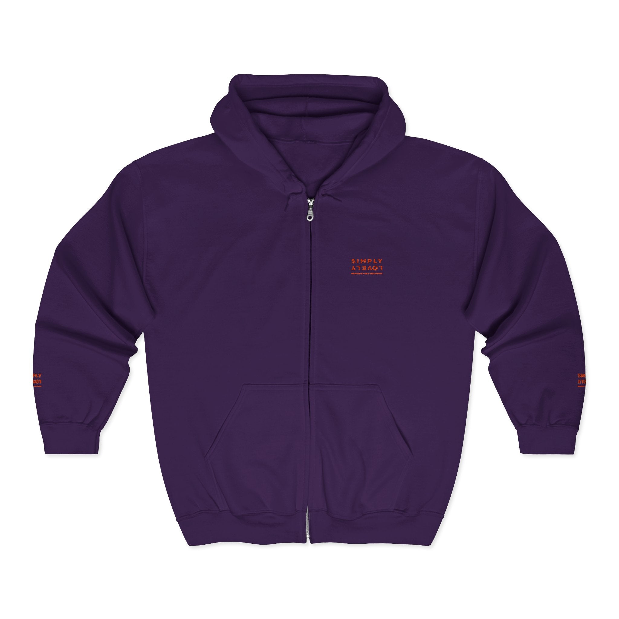 "Simply Lovely"  Zip Hoodie — Small Red Script Chest & Sleeve Design