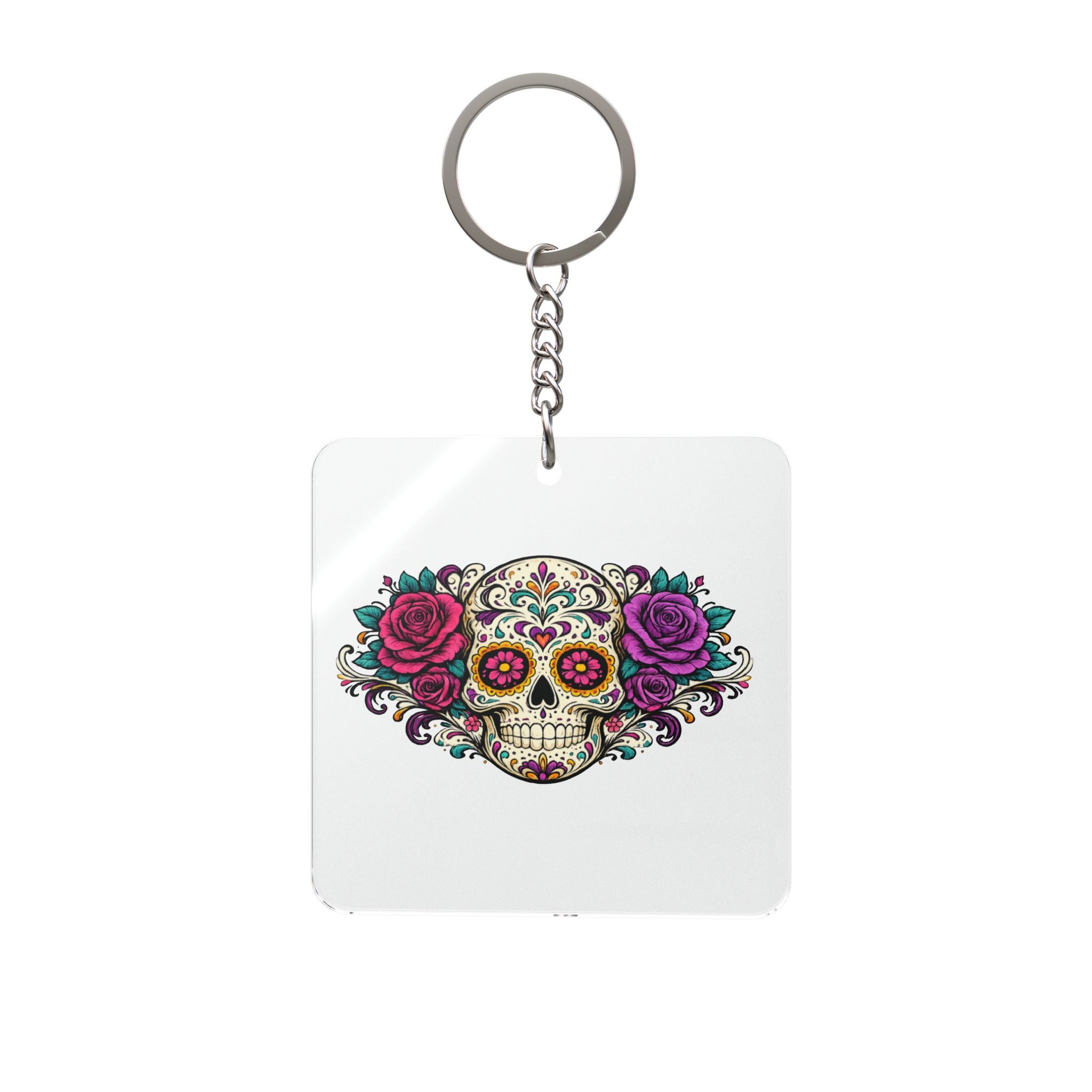 Day of the Dead Sugar Skull Square Keychain — Floral Calavera Keyring