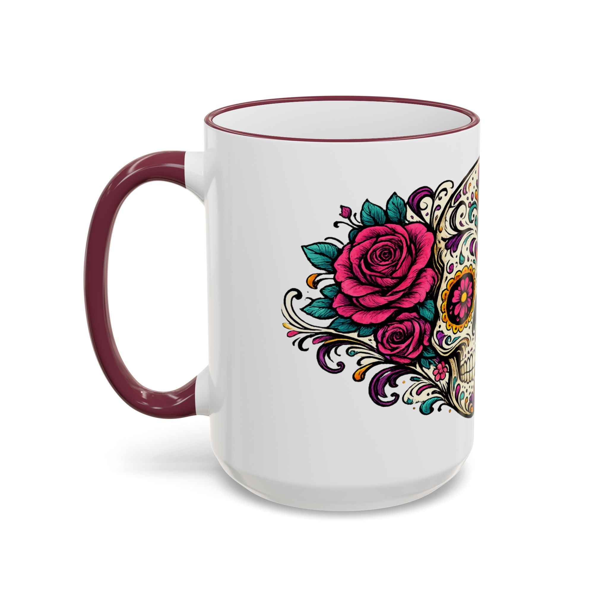 Day of the Dead Sugar Skull Accent Rim Mug — Floral Skull Ceramic Coffee Cup (11oz/15oz)
