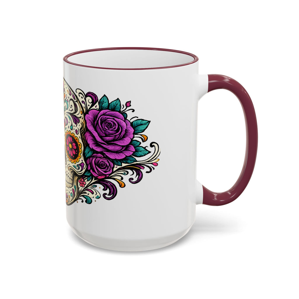 Day of the Dead Sugar Skull Accent Rim Mug — Floral Skull Ceramic Coffee Cup (11oz/15oz)