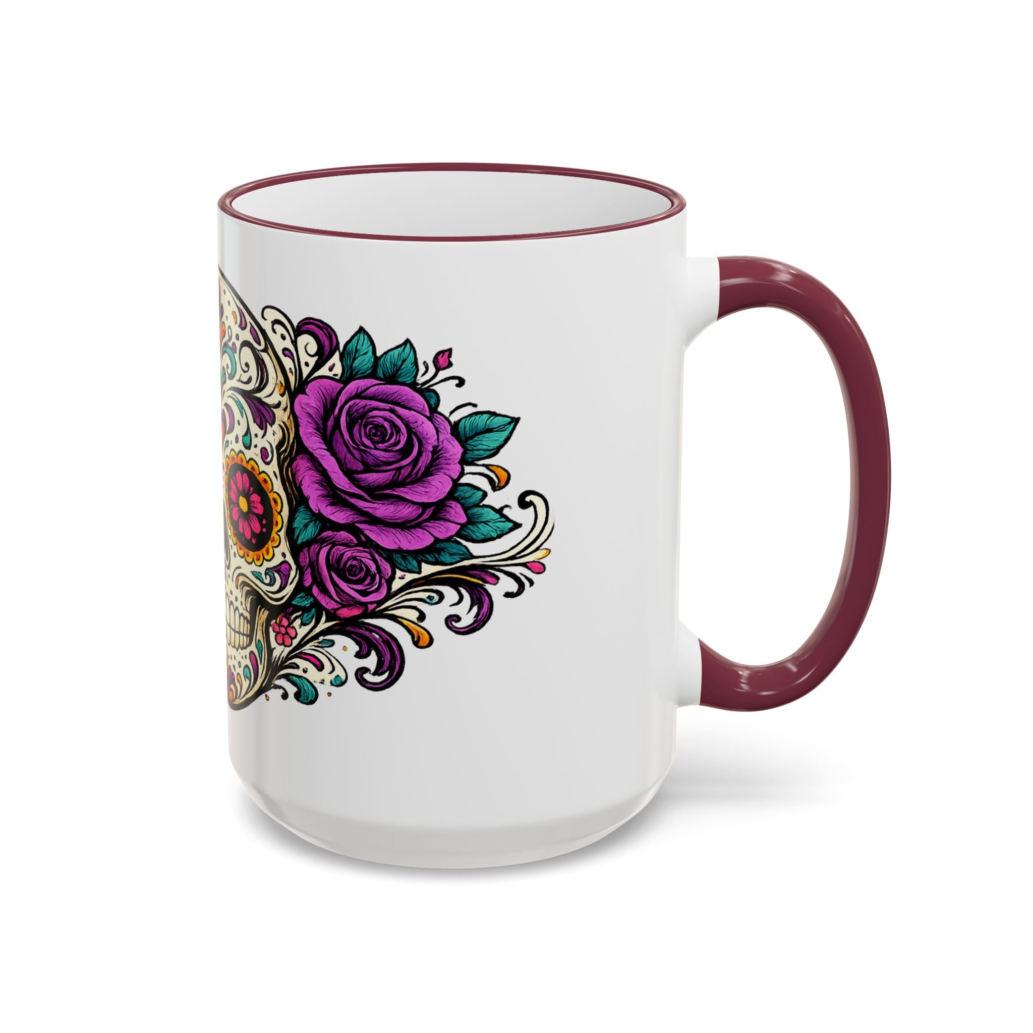 Day of the Dead Sugar Skull Accent Rim Mug — Floral Skull Ceramic Coffee Cup (11oz/15oz)