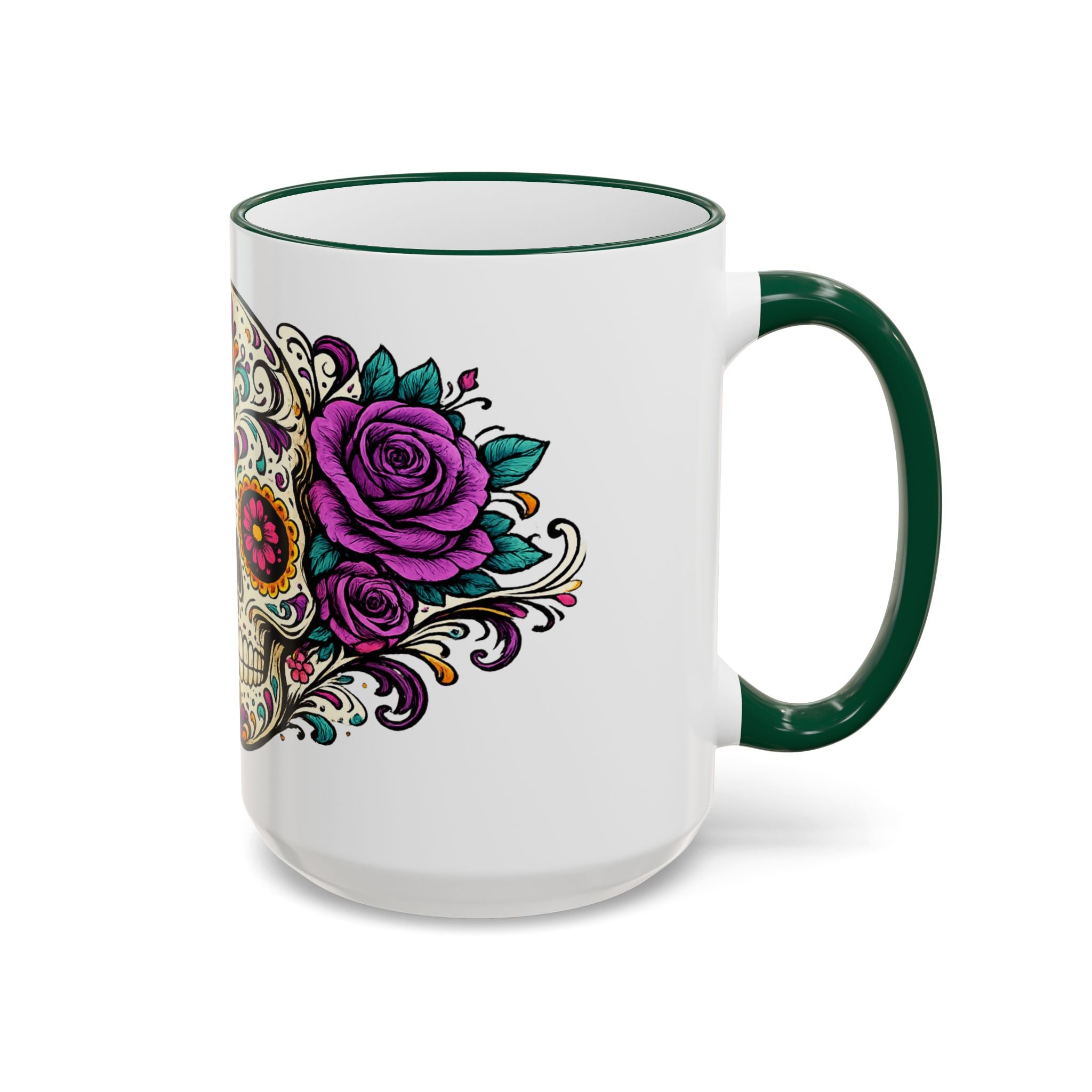 Day of the Dead Sugar Skull Accent Rim Mug — Floral Skull Ceramic Coffee Cup (11oz/15oz)