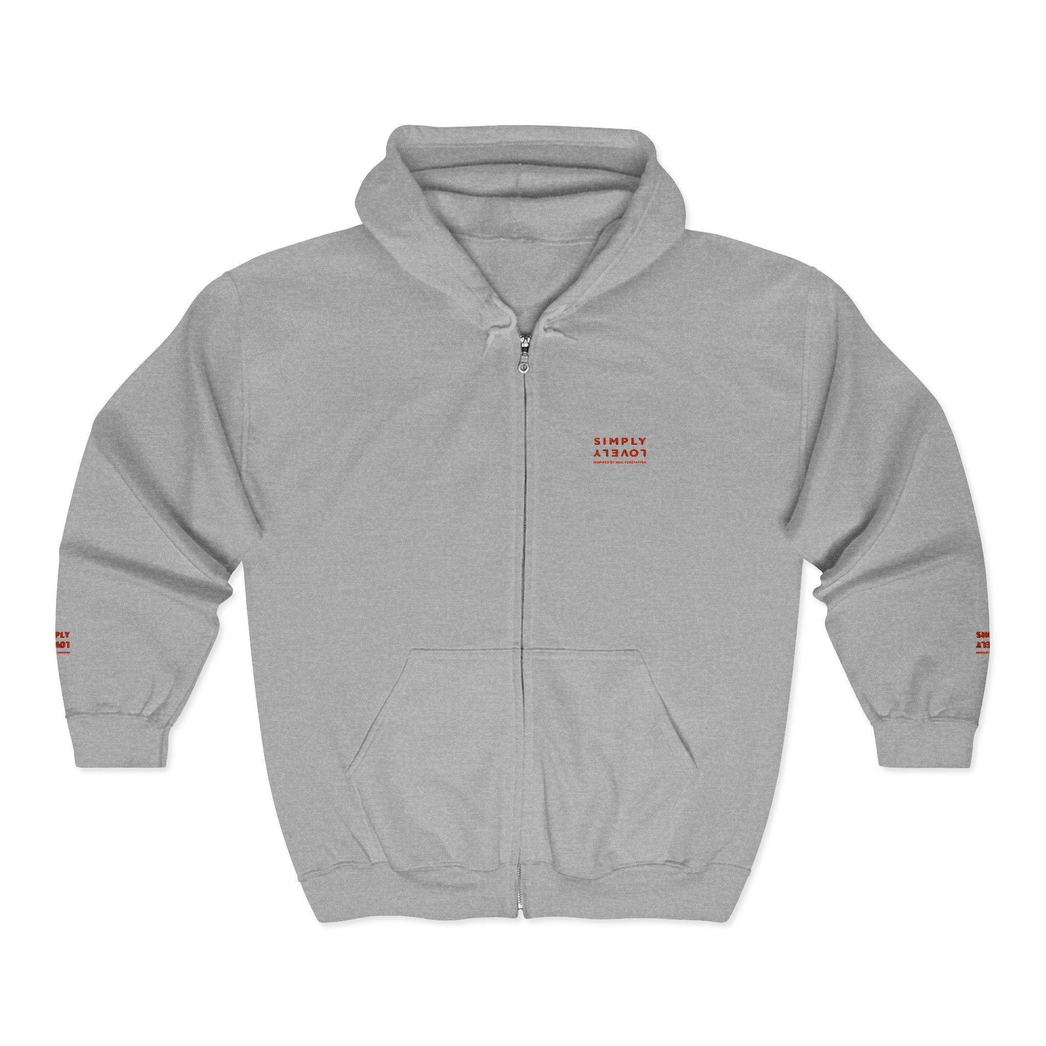 "Simply Lovely"  Zip Hoodie — Small Red Script Chest & Sleeve Design