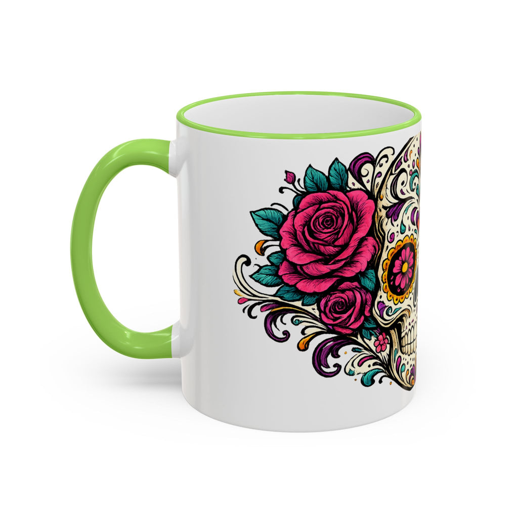 Day of the Dead Sugar Skull Accent Rim Mug — Floral Skull Ceramic Coffee Cup (11oz/15oz)