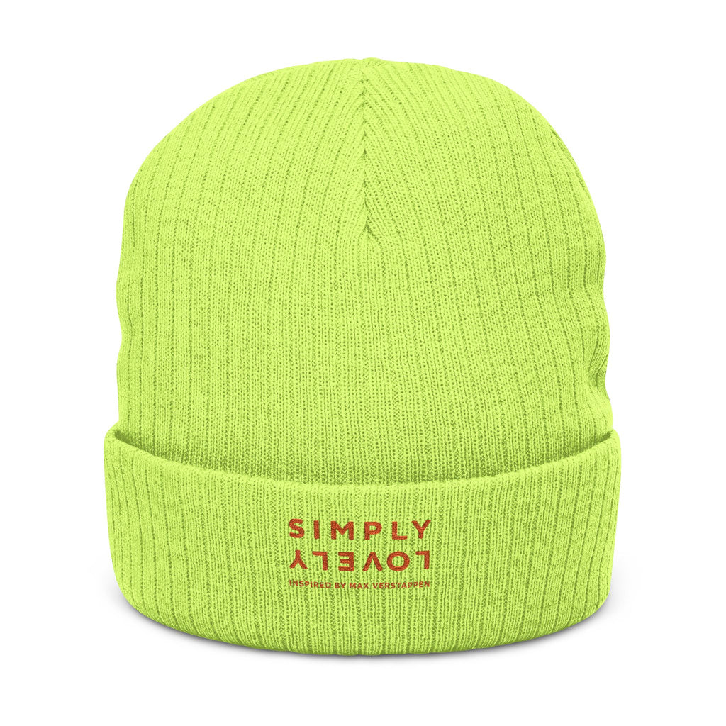 Embroidered Ribbed Beanie — 'SIMPLY LOVELY' Orange Logo Knit Hat