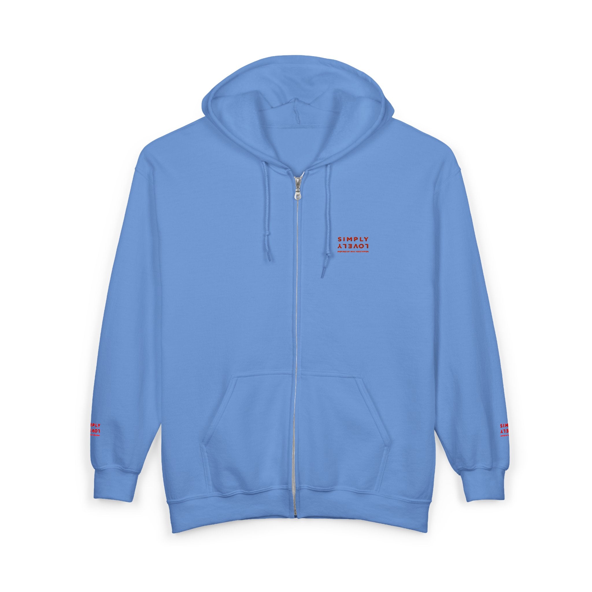 "Simply Lovely"  Zip Hoodie — Small Red Script Chest & Sleeve Design