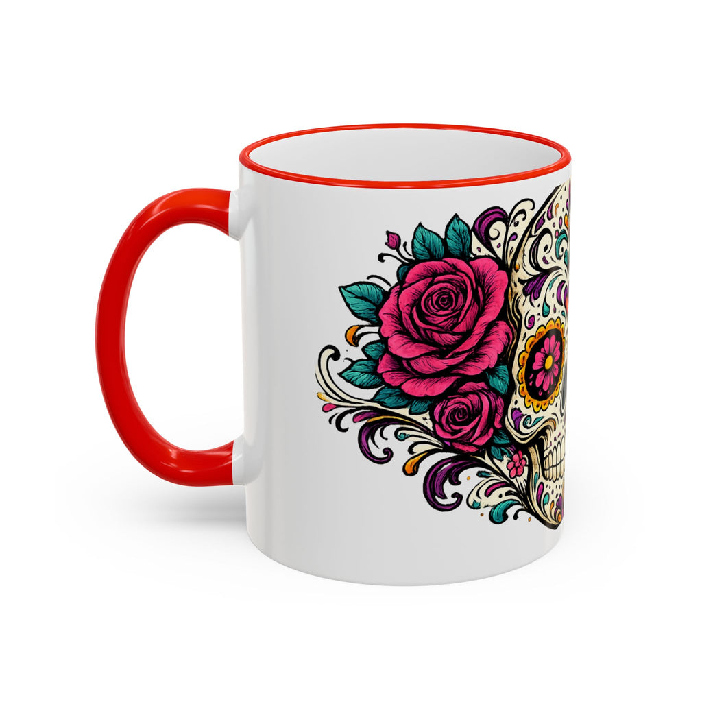 Day of the Dead Sugar Skull Accent Rim Mug — Floral Skull Ceramic Coffee Cup (11oz/15oz)