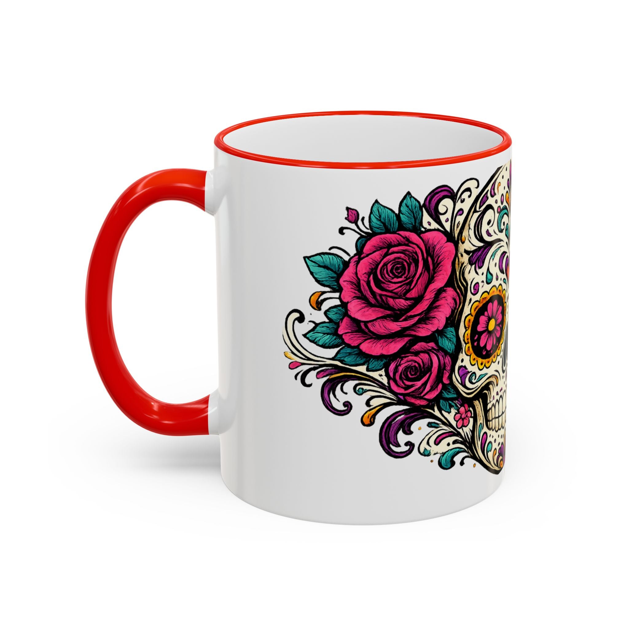Day of the Dead Sugar Skull Accent Rim Mug — Floral Skull Ceramic Coffee Cup (11oz/15oz)