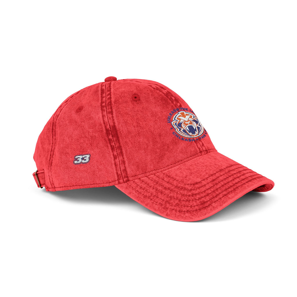 Unleash The Lion #33 Vintage Embroidered Cap — Distressed Red Baseball Hat with Retro Patch