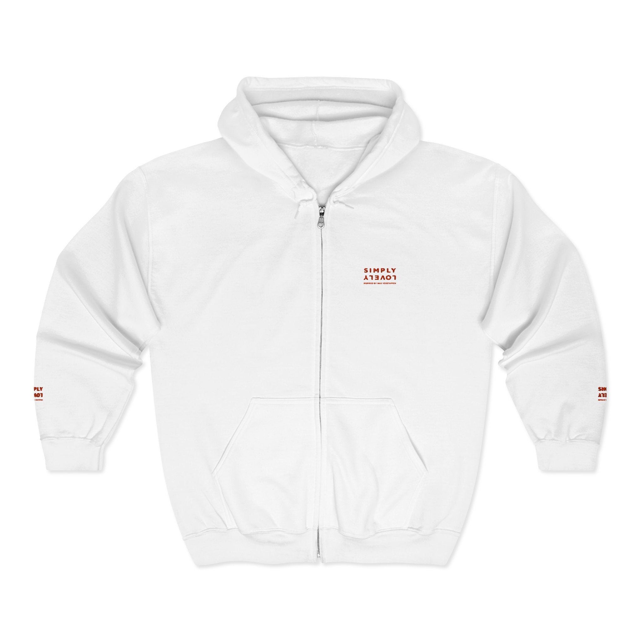 "Simply Lovely"  Zip Hoodie — Small Red Script Chest & Sleeve Design