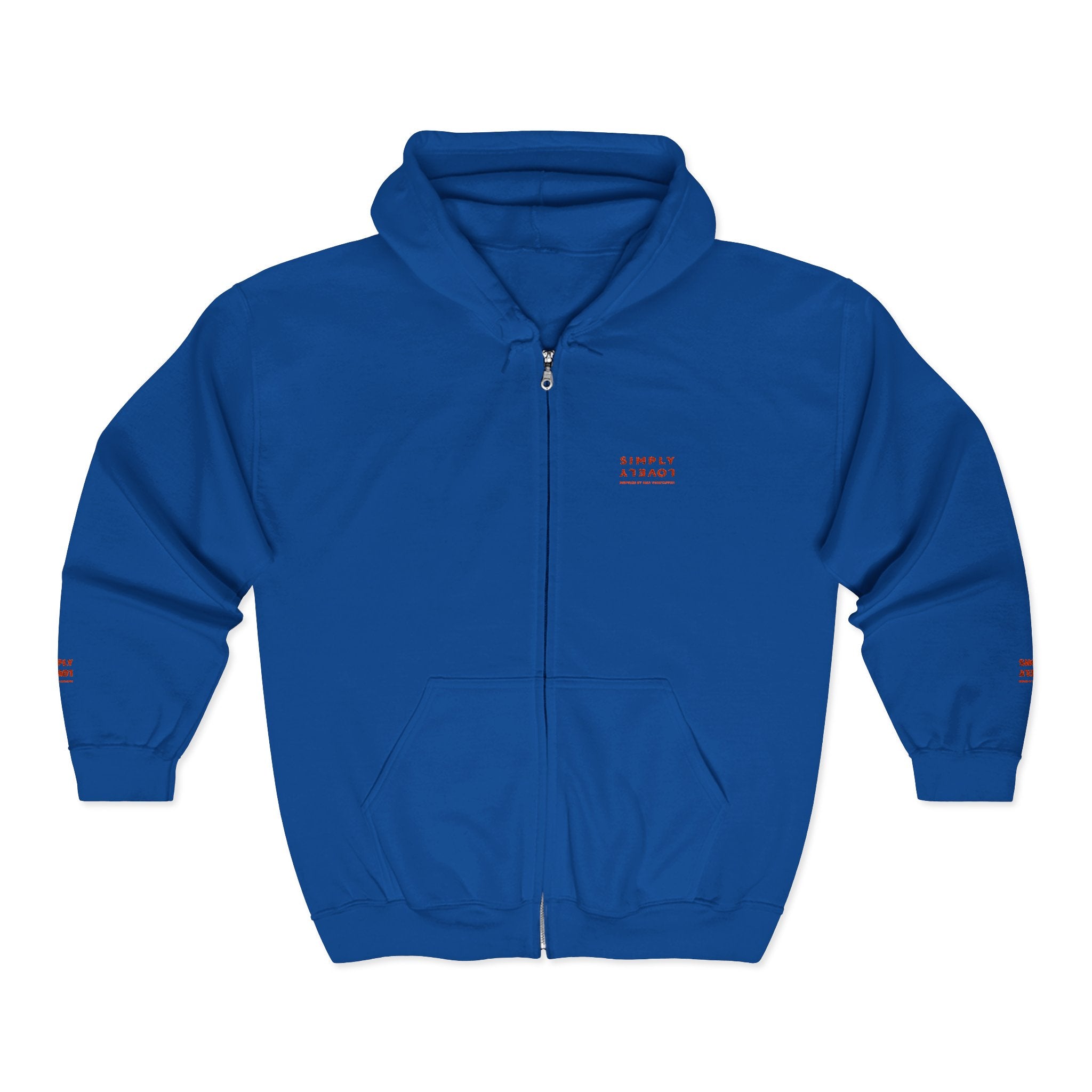 "Simply Lovely"  Zip Hoodie — Small Red Script Chest & Sleeve Design
