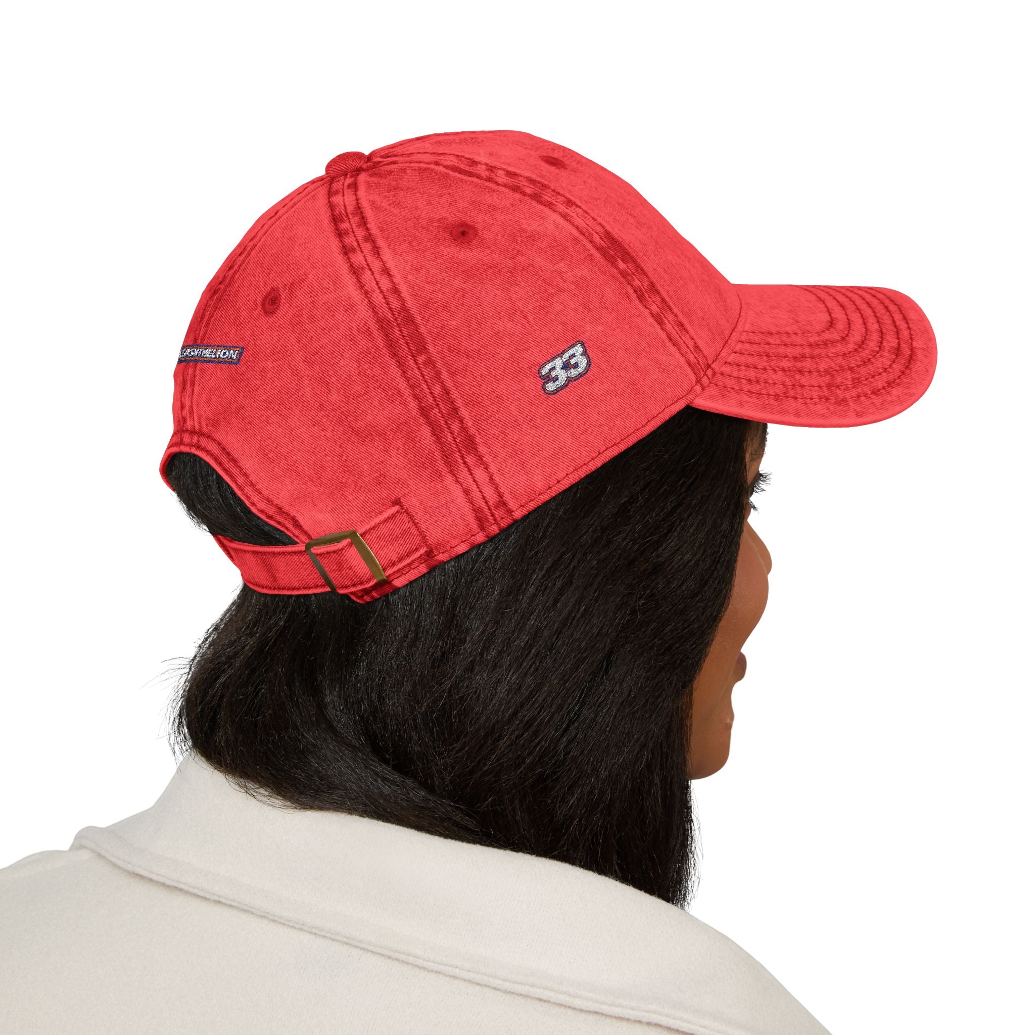 Unleash The Lion #33 Vintage Embroidered Cap — Distressed Red Baseball Hat with Retro Patch