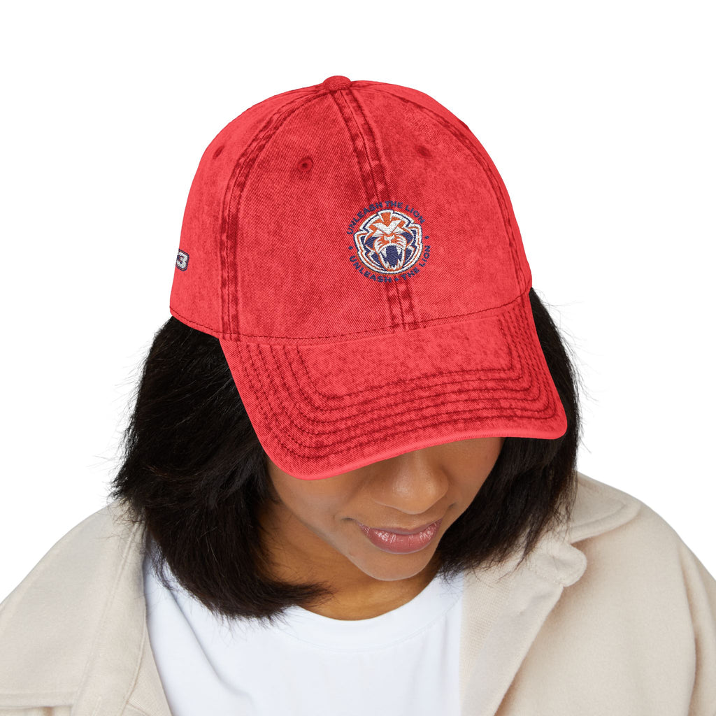 Unleash The Lion #33 Vintage Embroidered Cap — Distressed Red Baseball Hat with Retro Patch