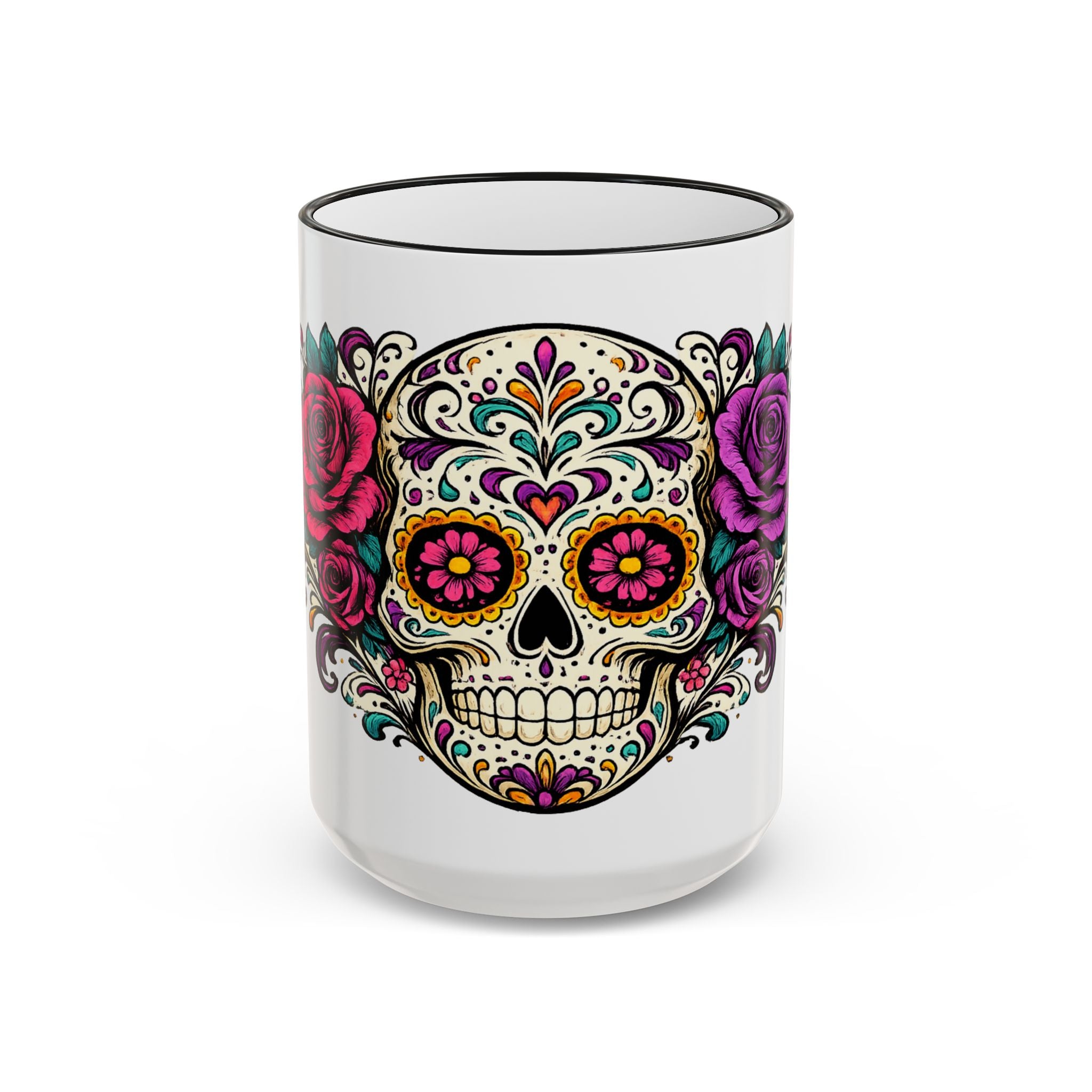 Day of the Dead Sugar Skull Accent Rim Mug — Floral Skull Ceramic Coffee Cup (11oz/15oz)