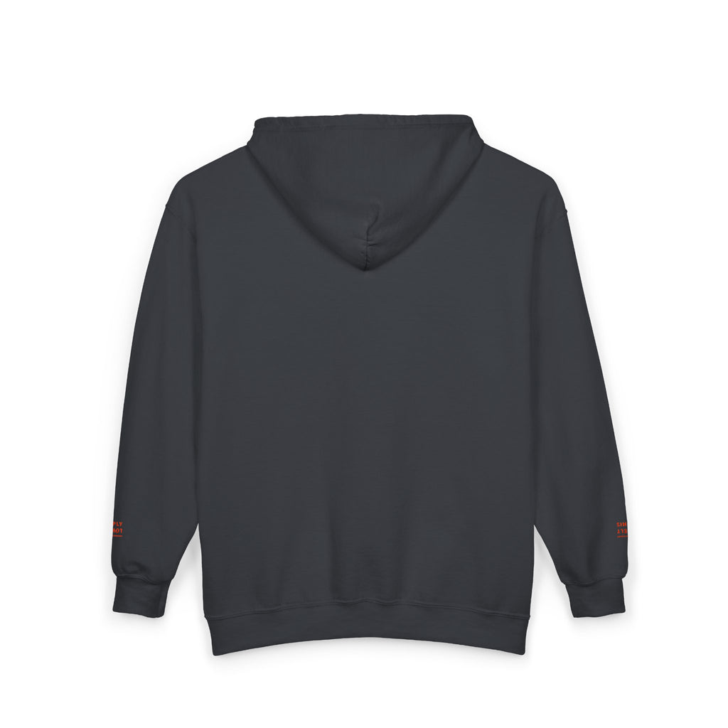 "Simply Lovely"  Zip Hoodie — Small Red Script Chest & Sleeve Design