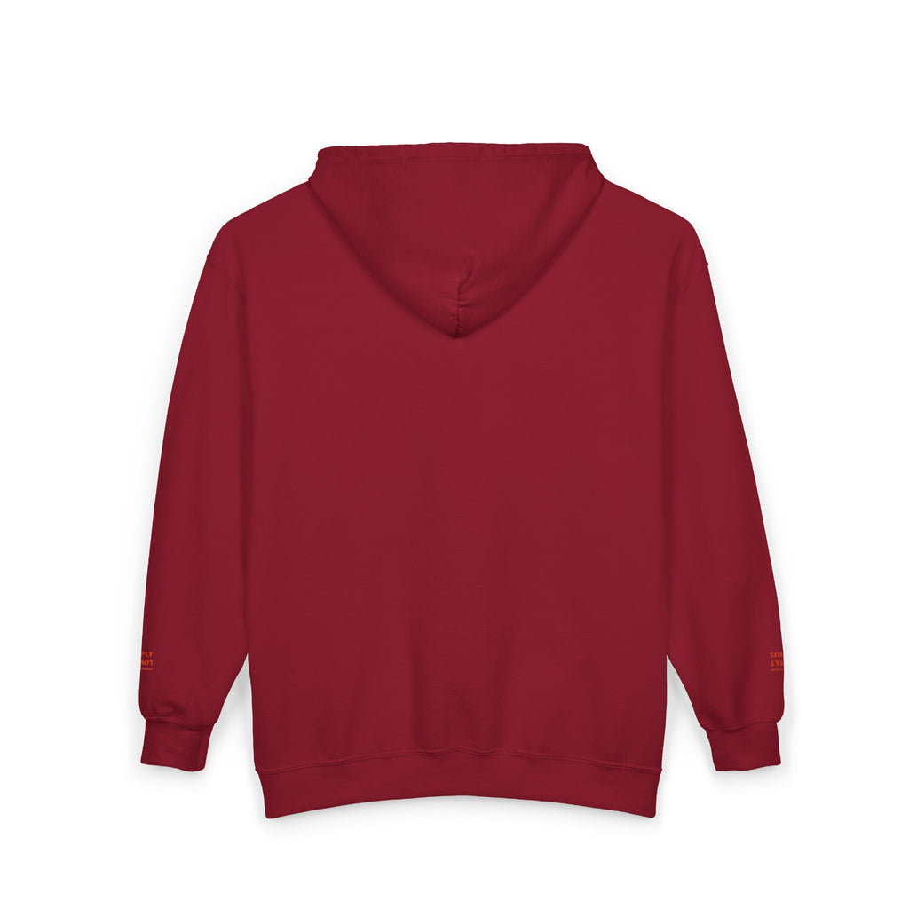 "Simply Lovely"  Zip Hoodie — Small Red Script Chest & Sleeve Design