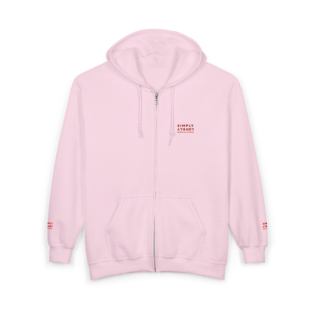"Simply Lovely"  Zip Hoodie — Small Red Script Chest & Sleeve Design