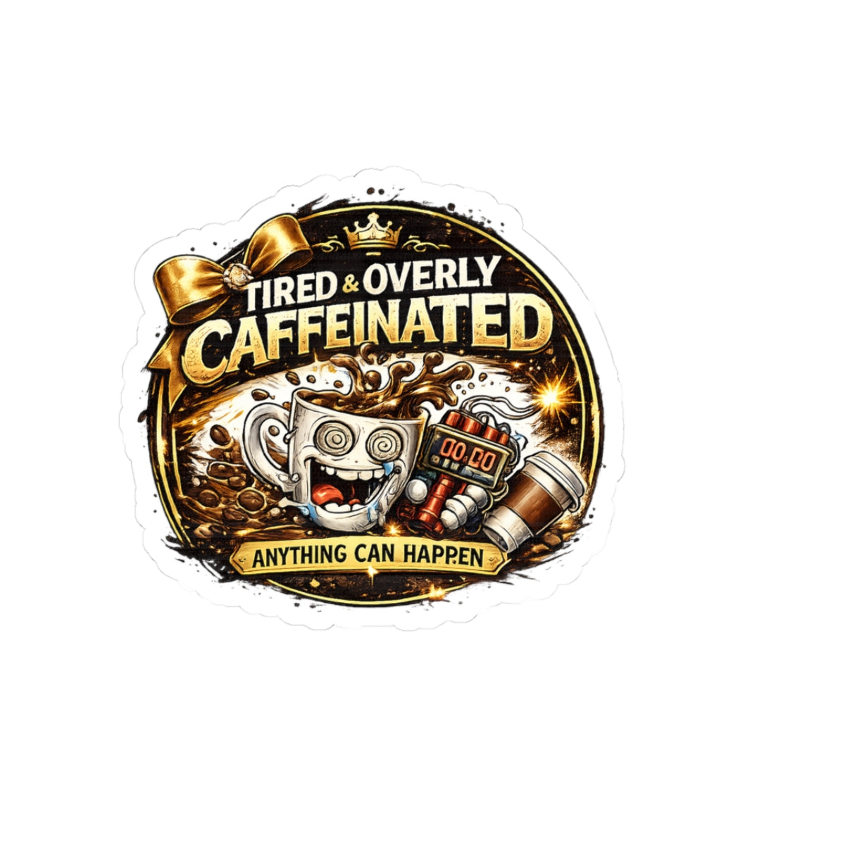 Tired & Overly Caffeinated Sticker — Funny Coffee Laptop Decal ("Anything Can Happen")