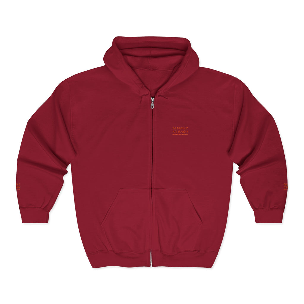 "Simply Lovely"  Zip Hoodie — Small Red Script Chest & Sleeve Design