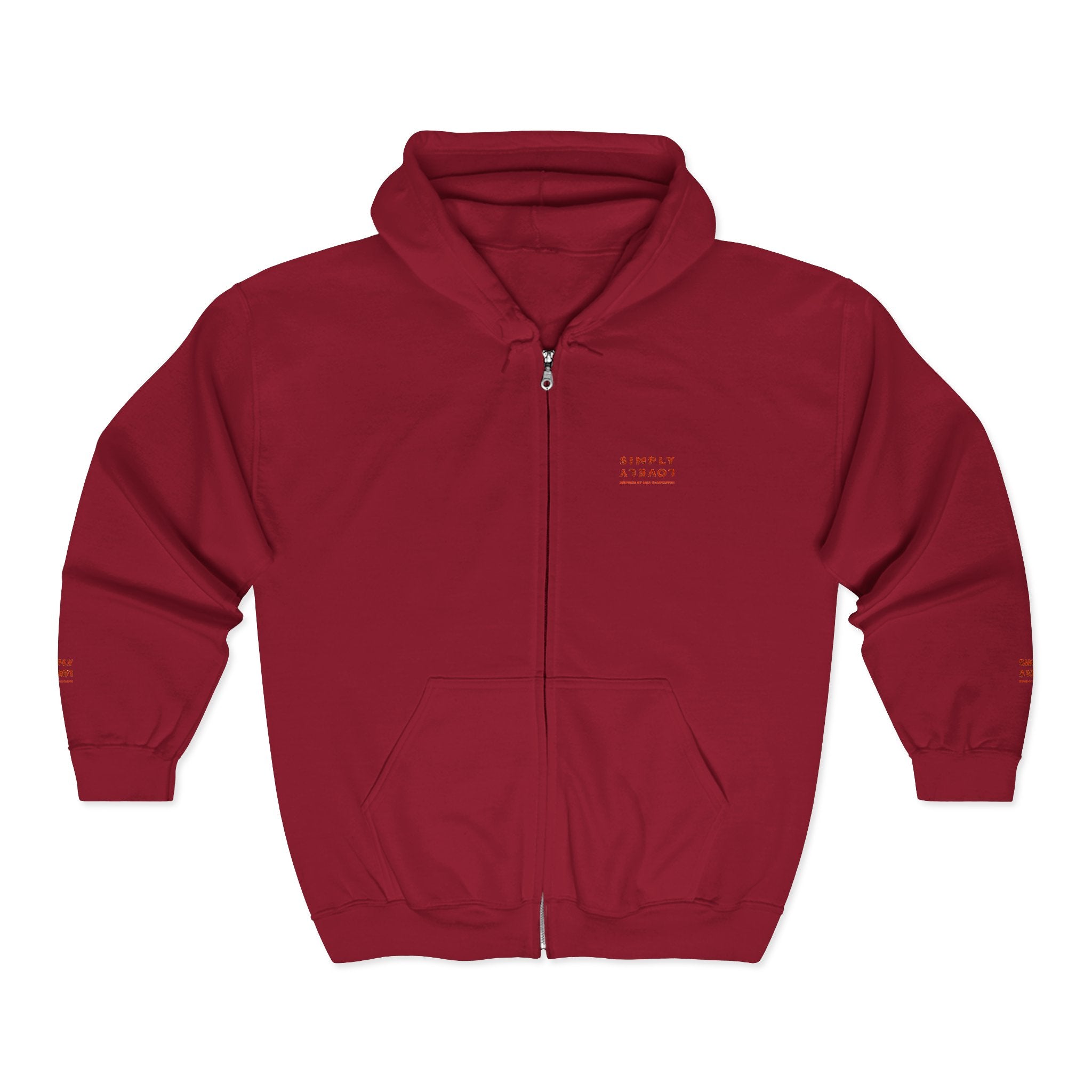 "Simply Lovely"  Zip Hoodie — Small Red Script Chest & Sleeve Design