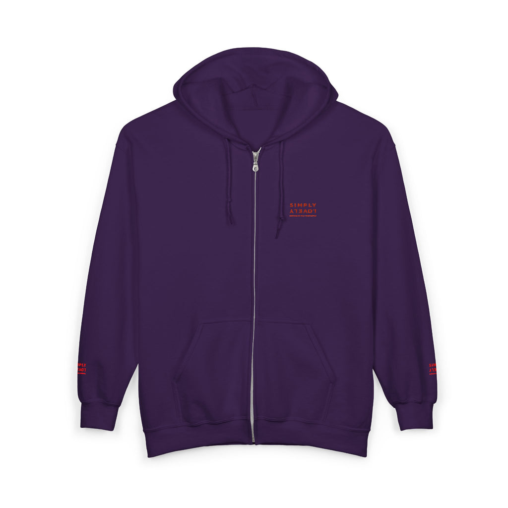 "Simply Lovely"  Zip Hoodie — Small Red Script Chest & Sleeve Design