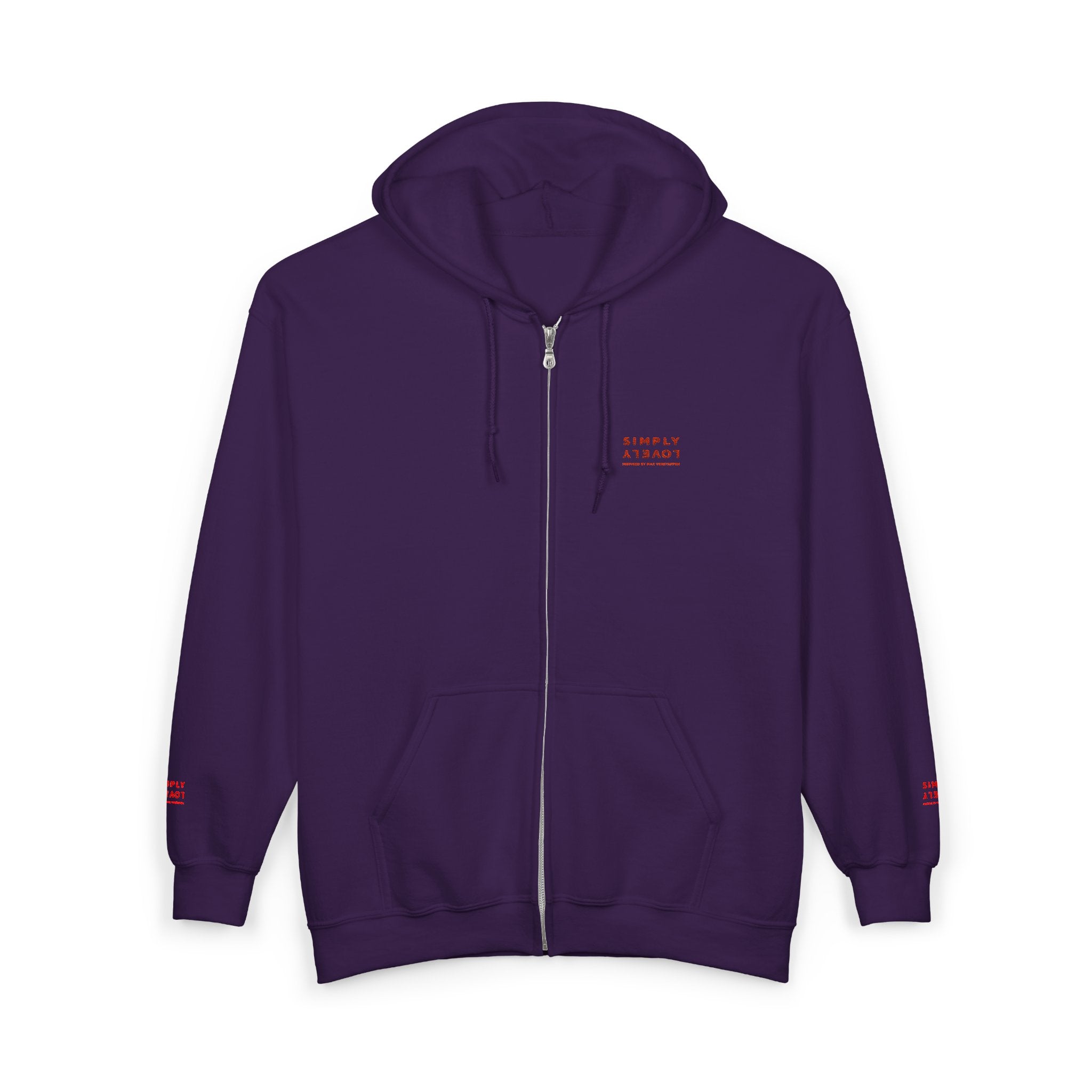 "Simply Lovely"  Zip Hoodie — Small Red Script Chest & Sleeve Design