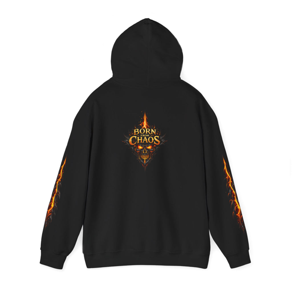 Born From ChaosFlaming Skull Hoodie — Gothic Flame Graphic Pullover
