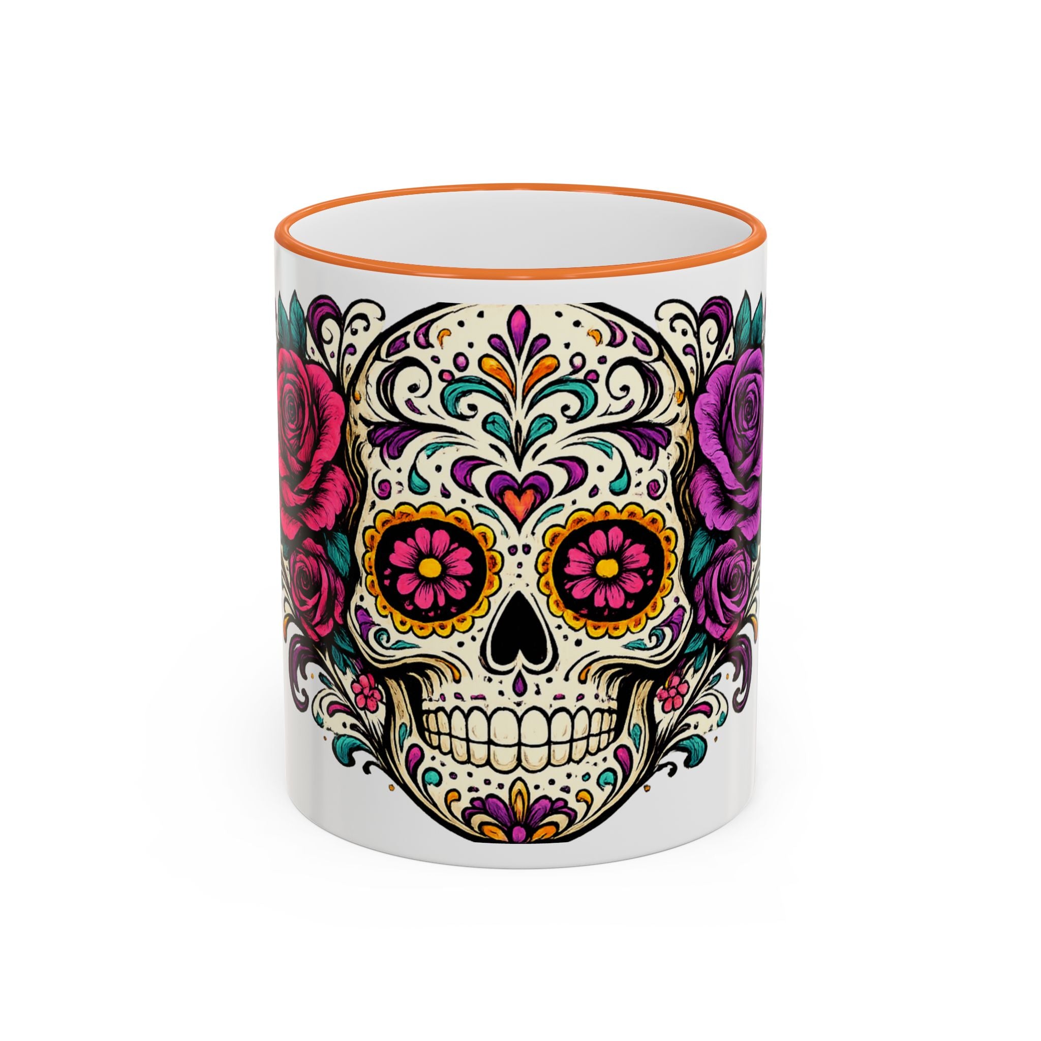 Day of the Dead Sugar Skull Accent Rim Mug — Floral Skull Ceramic Coffee Cup (11oz/15oz)
