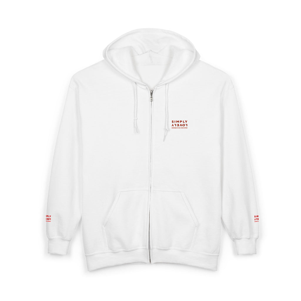 "Simply Lovely"  Zip Hoodie — Small Red Script Chest & Sleeve Design